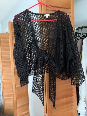 Earthbound black see through net Crochet Tie-Front Shrug sz Large